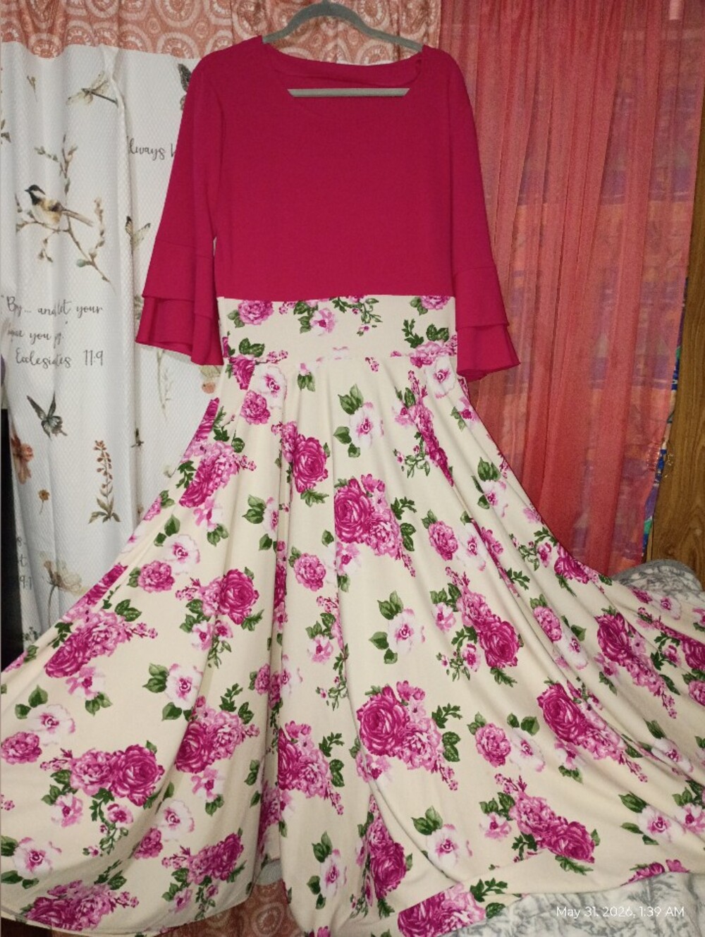 Cream Floral Circle Skirt with Pink Rose Print by